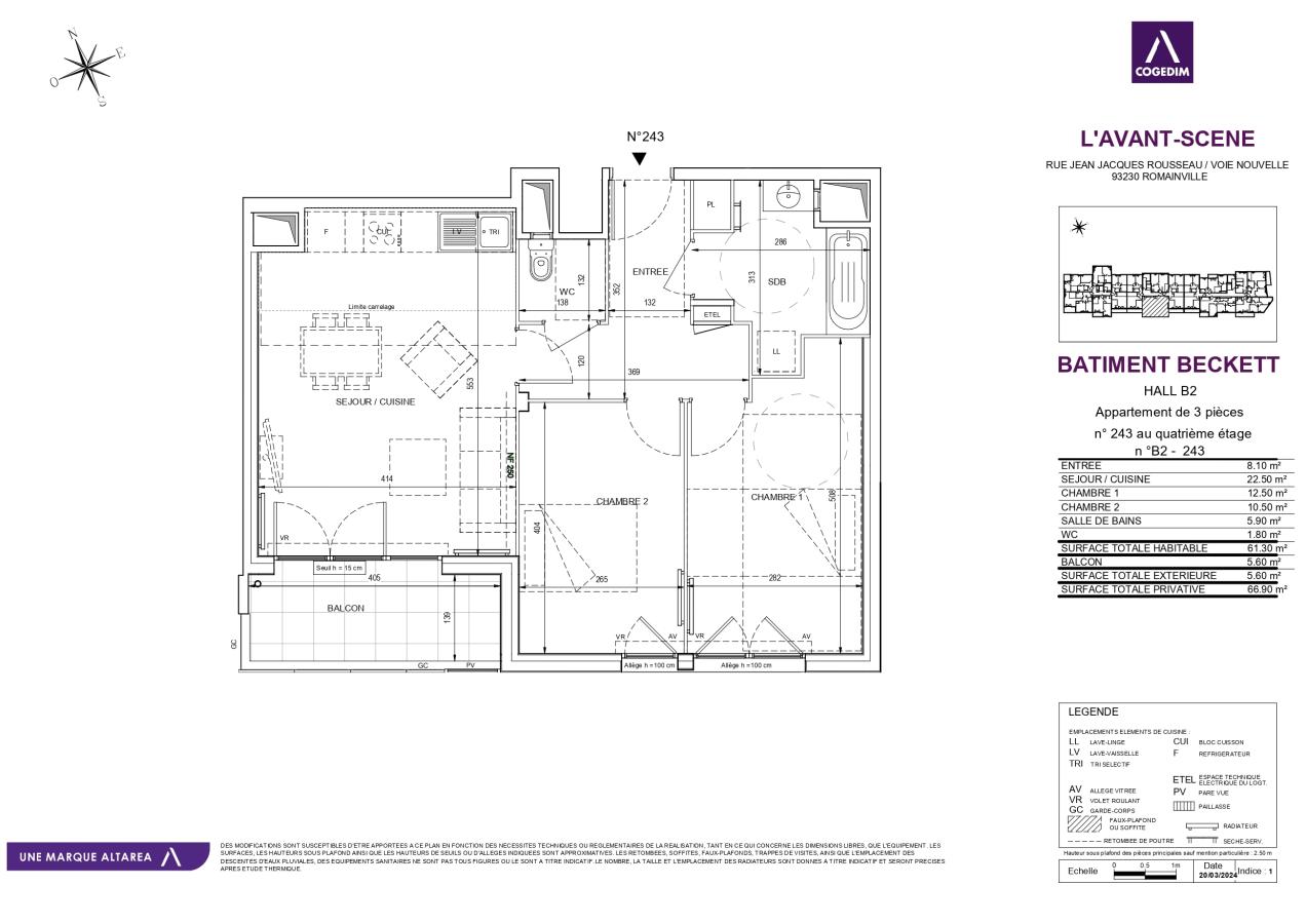3 pièces - 4ème étage - 62m² - 1 342,40 € - Photo #0