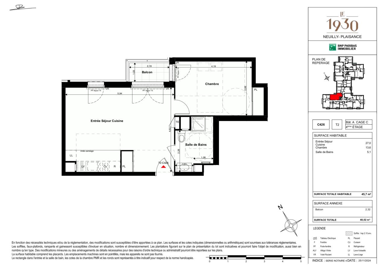 
																			2 pièces - 
																		4ème étage - 46m² - 1 078,13 € - Photo #1