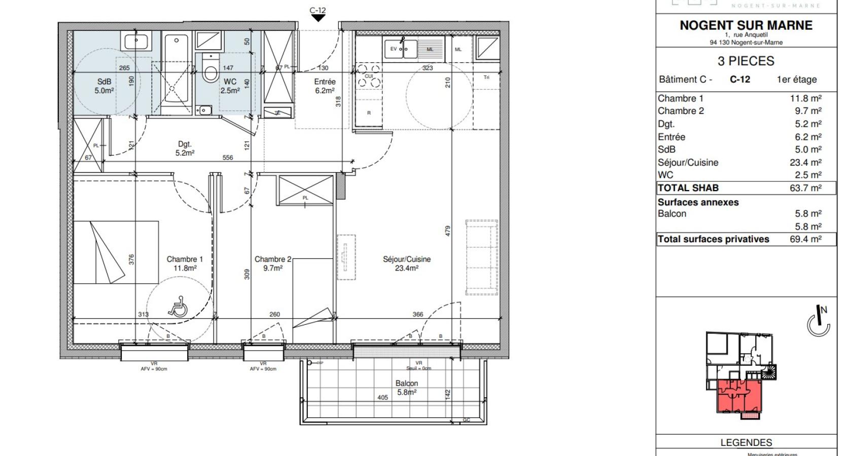 
																			3 pièces - 
																		1er étage - 64m² - 1 445,80 € - Photo #0