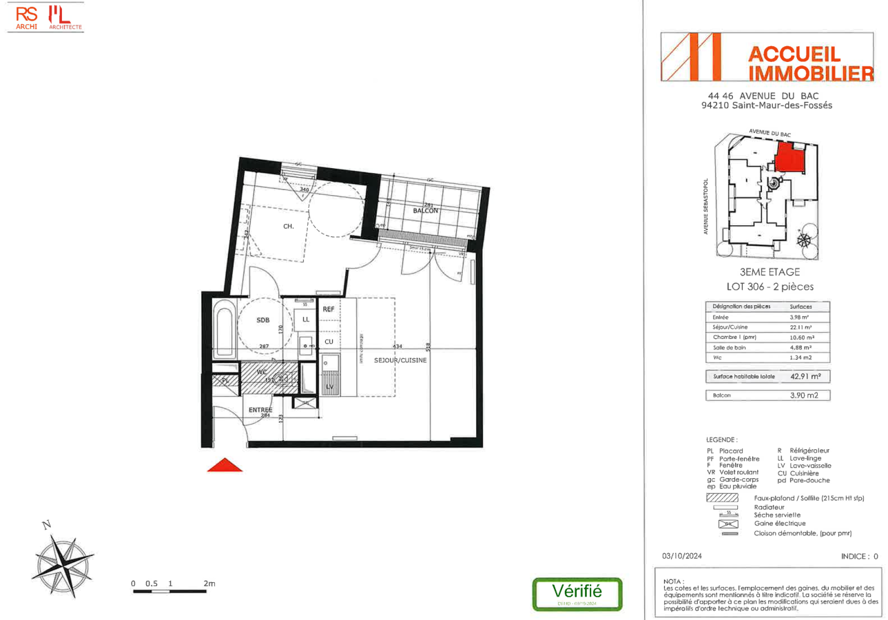 2 pièces - 3ème étage - 43m² - 1 072,62 € - Photo #0