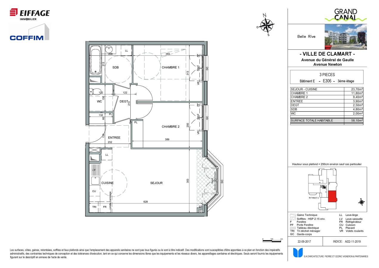 3 pièces - 3ème étage - 58m² - 1 322,61 € - Photo #1