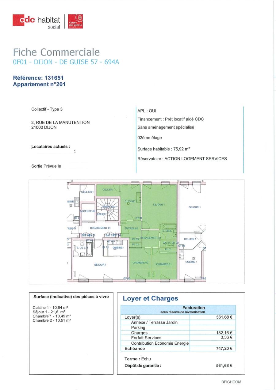 
																			3 pièces – 
																		2ème étage – 76m² - 766,85 € - Photo #1