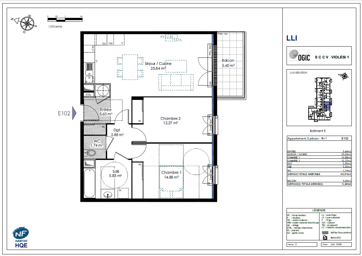 3 pièces - 1er étage - 69m² - 1 191,83 € - Photo #2