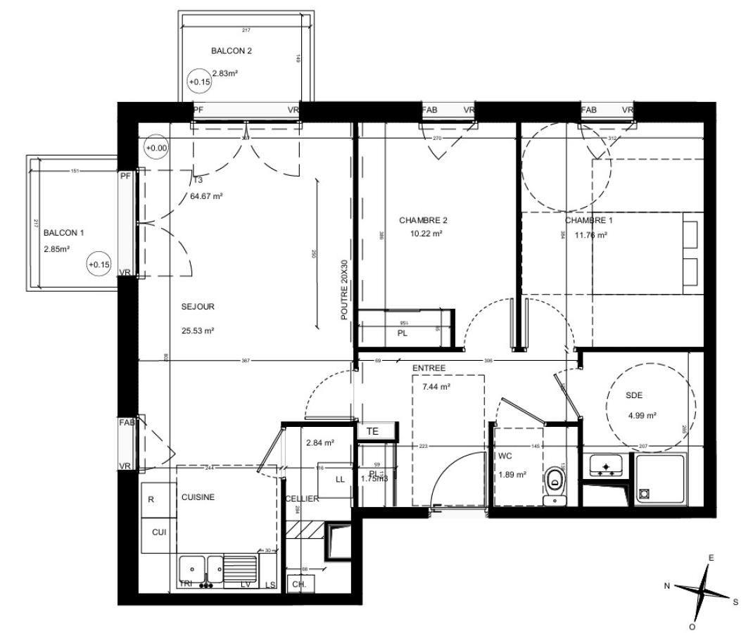 3 pièces - 1er étage - 65m² - 722,89 € - Photo #1