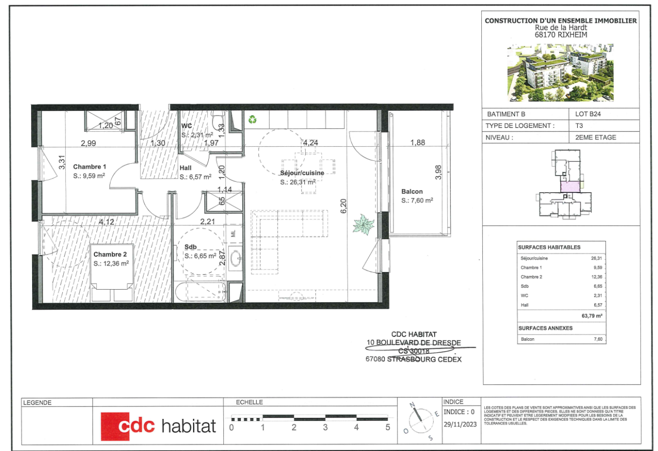 
																																							3 pièces - 
																																						2ème étage - 63m² - 888,51 € - Photo #1