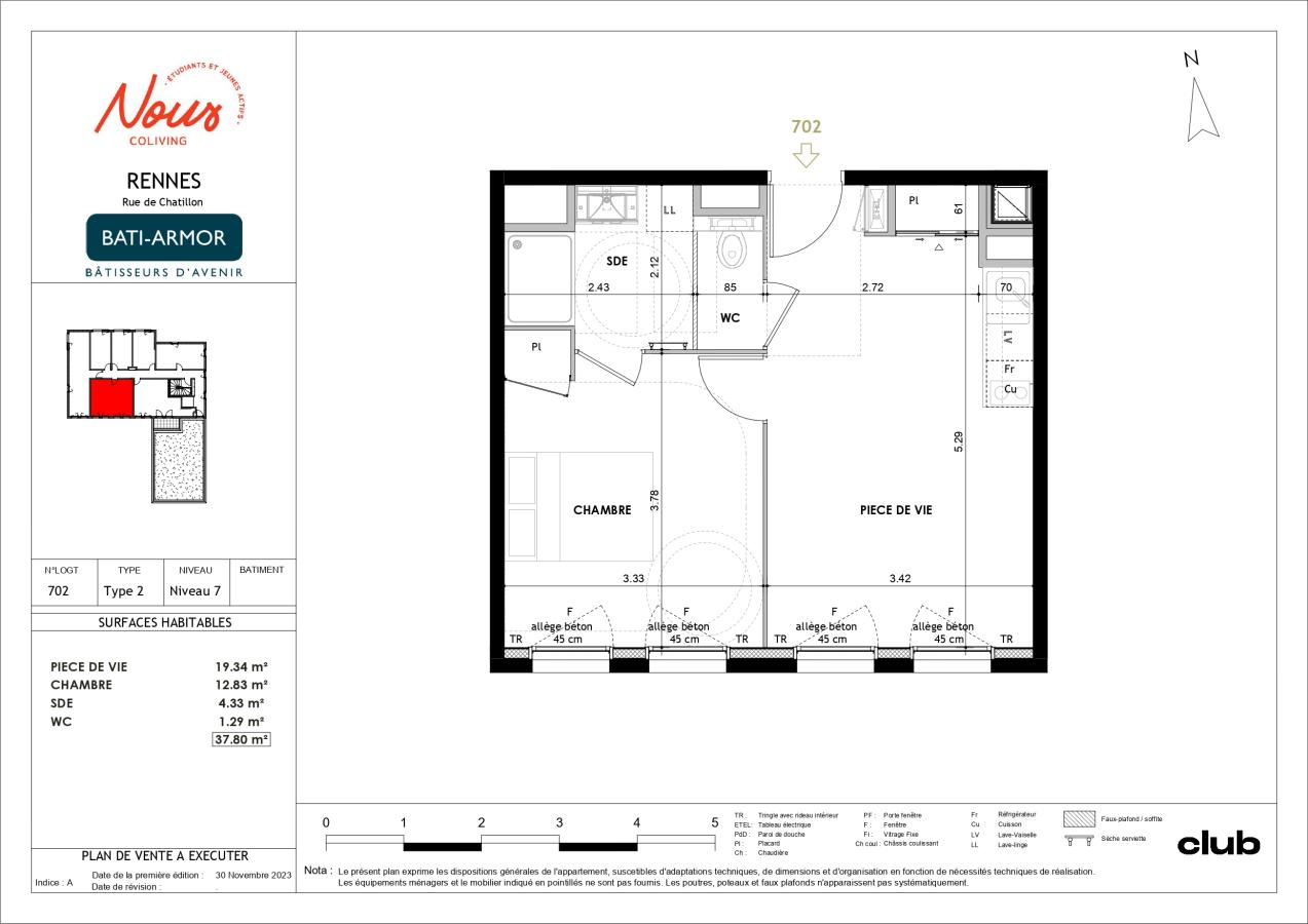 
																																							2 pièces - 
																																						7ème étage - 38m² - 594,31 € - Photo #1