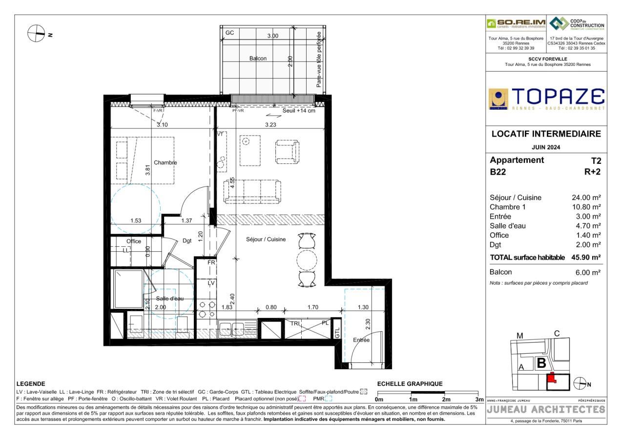 2 pièces - 2ème étage - 46m² - 719,00 € - Photo #1