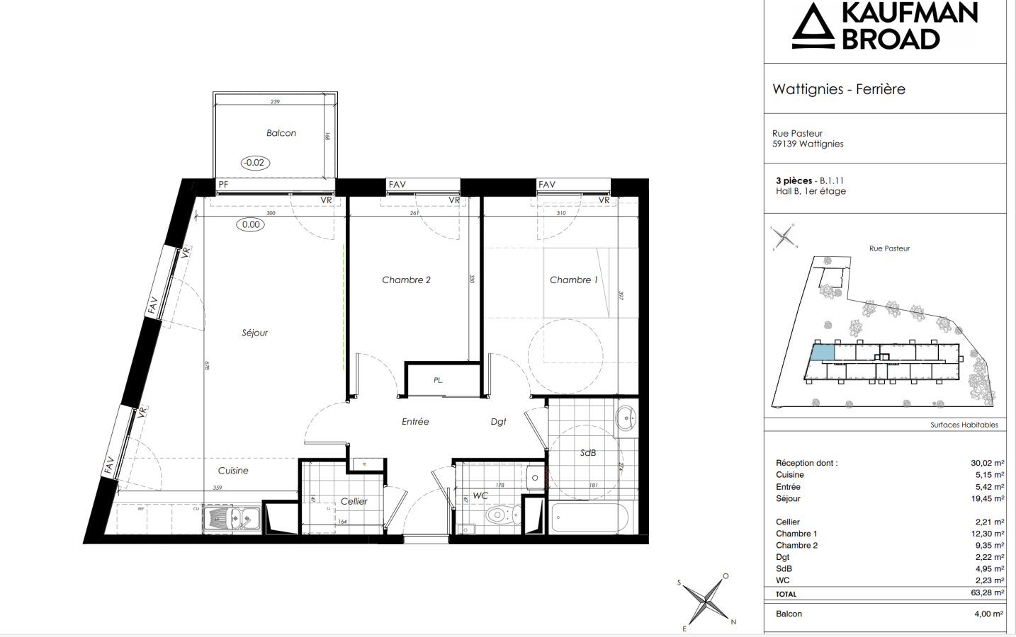 3 pièces - 1er étage - 63m² - 779,80 € - Photo #0