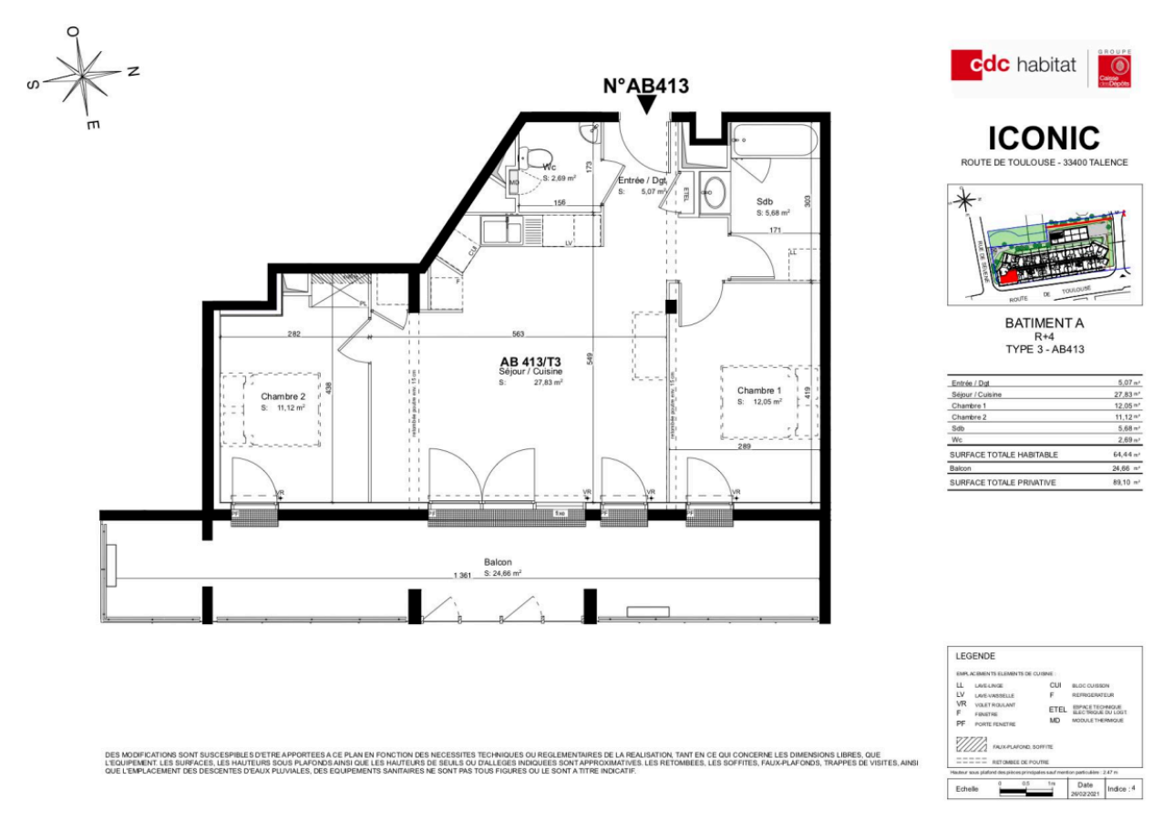 3 pièces - 4ème étage - 65m² - 926,53 € - Photo #1