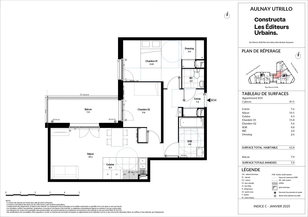 
																			3 pièces - 
																		3ème étage - 62m² - 1 188,09 € - Photo #1