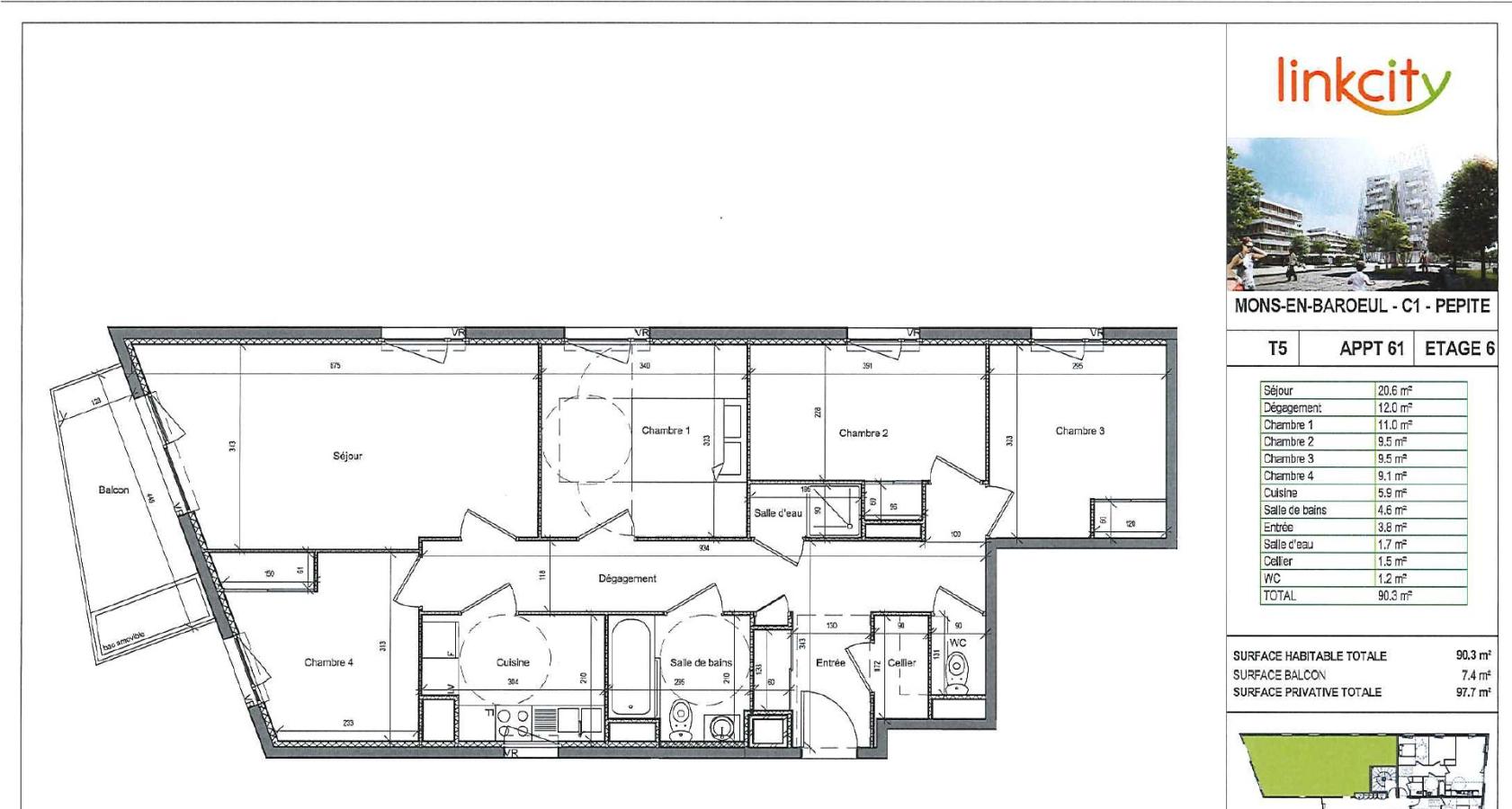 
																																							5 pièces - 
																																						6ème étage - 90m² - 1 128,91 € - Photo #1