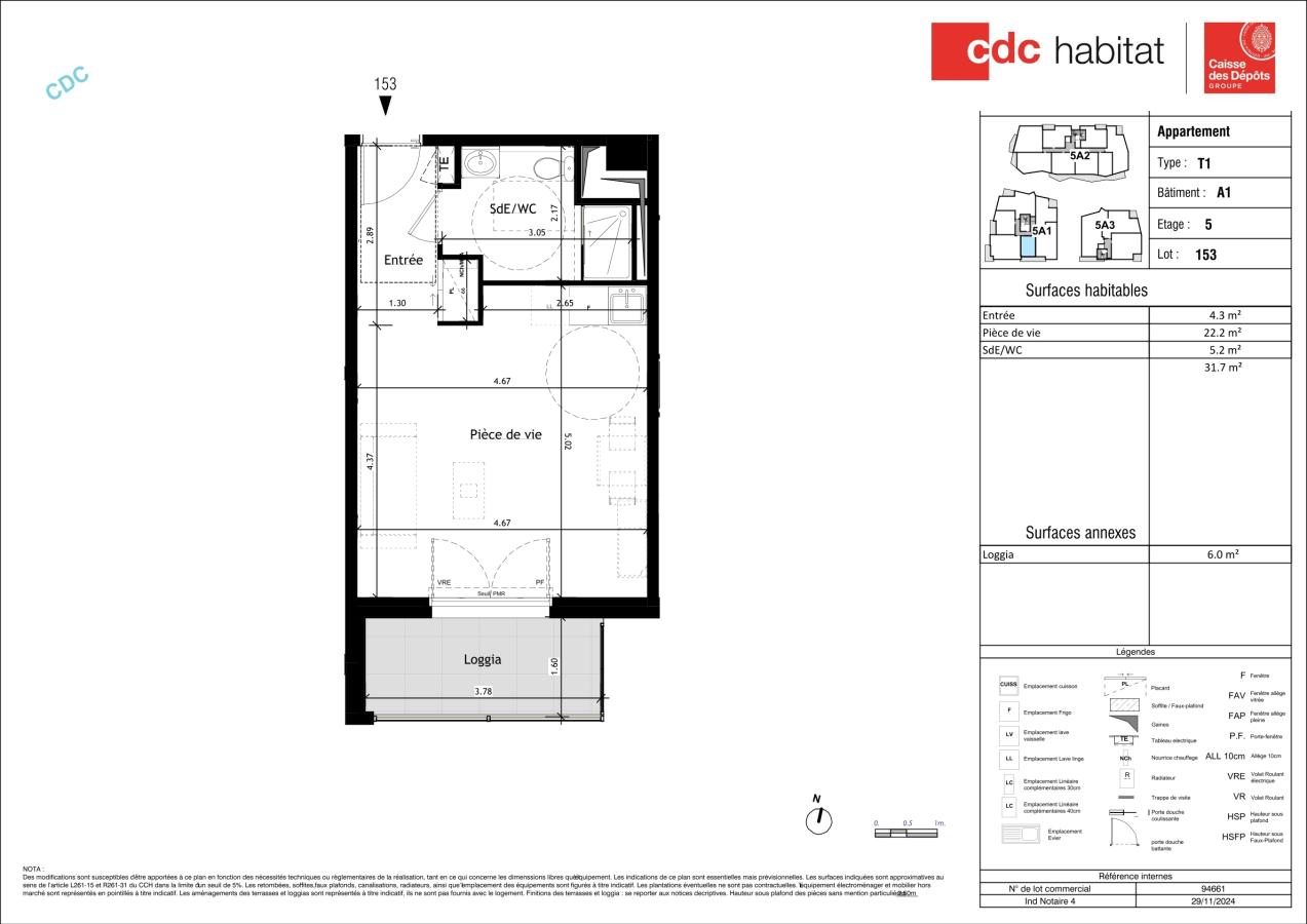 
																																							1 pièce - 
																																						4ème étage - 32m² - 593,34 € - Photo #1