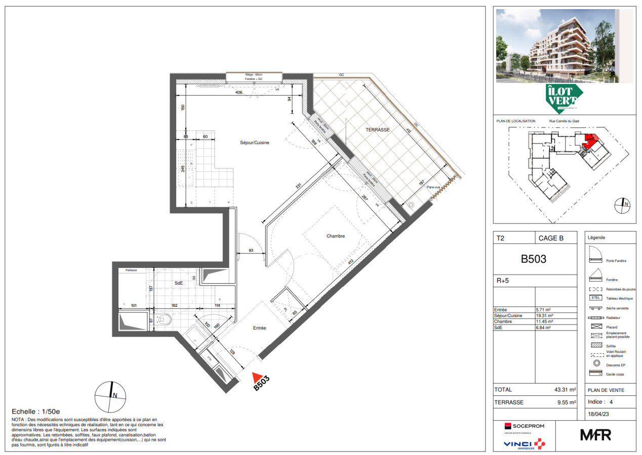 
																			2 pièces - 
																		5ème étage - 43m² - 1 131,16 € - Photo #1