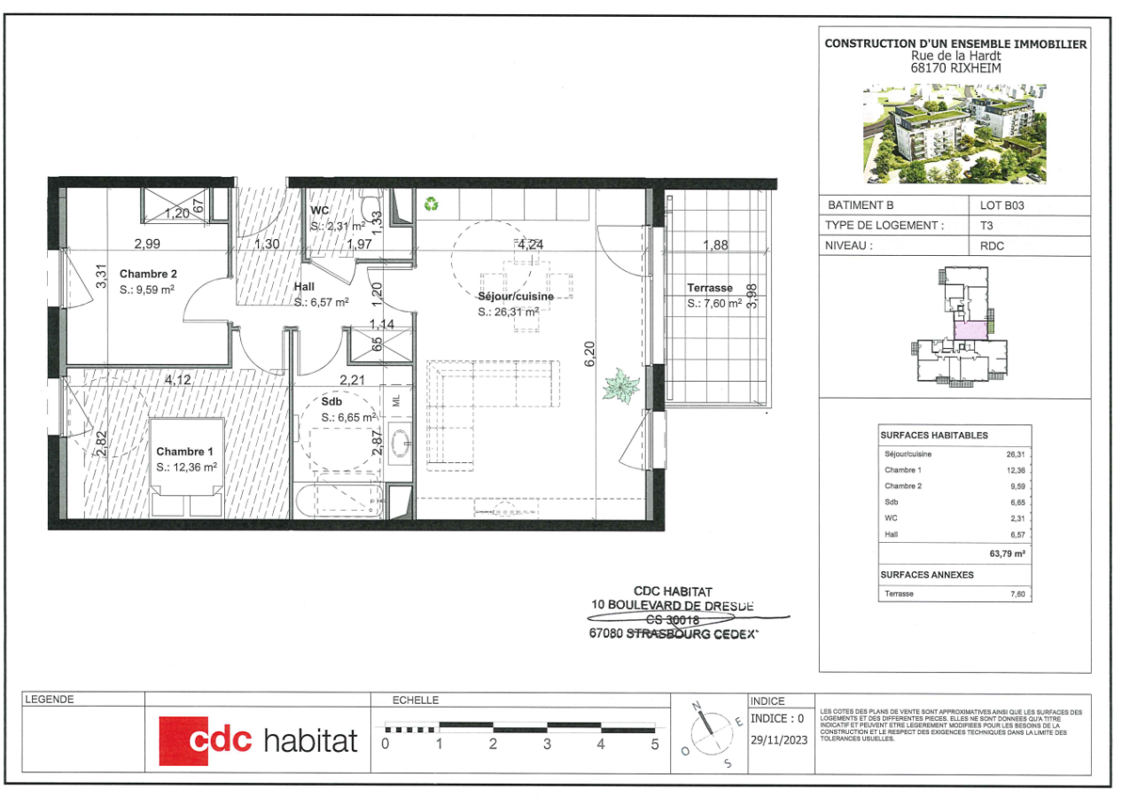 
																			3 pièces - 
																		RDC - 64m² - 878,75 € - Photo #1