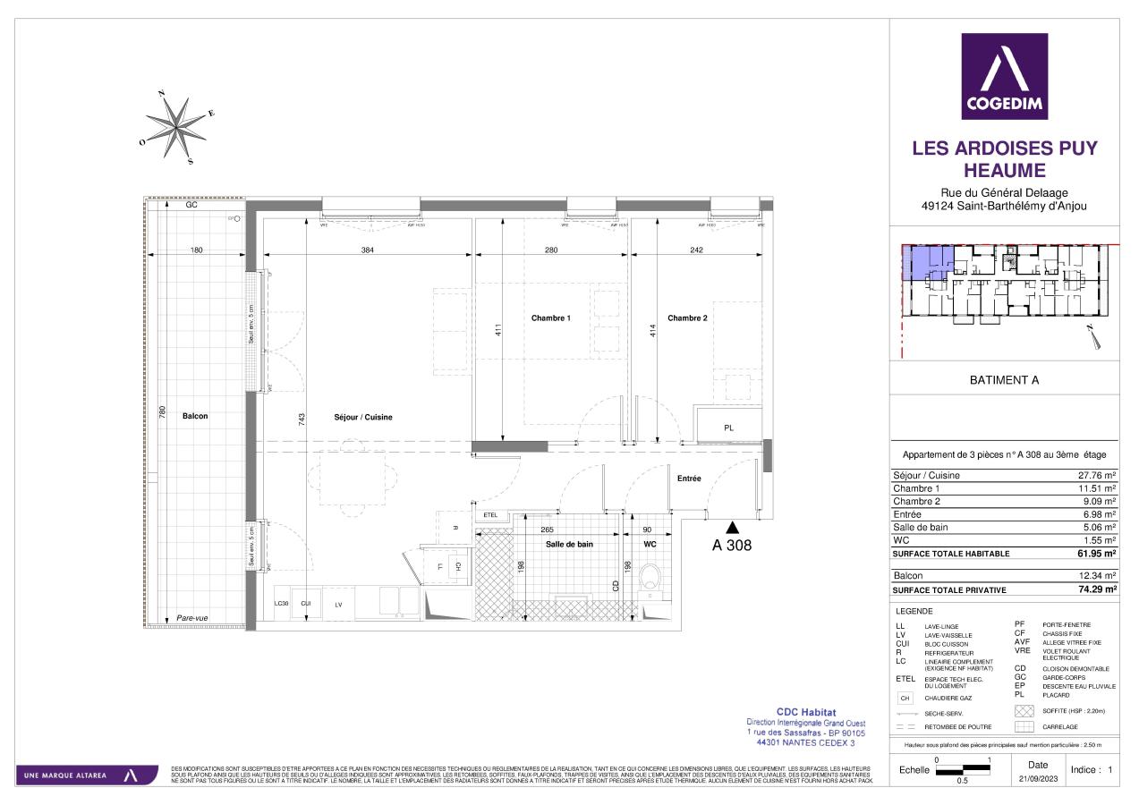 
																																							3 pièces - 
																																						3ème étage - 62m² - 793,39 € - Photo #1