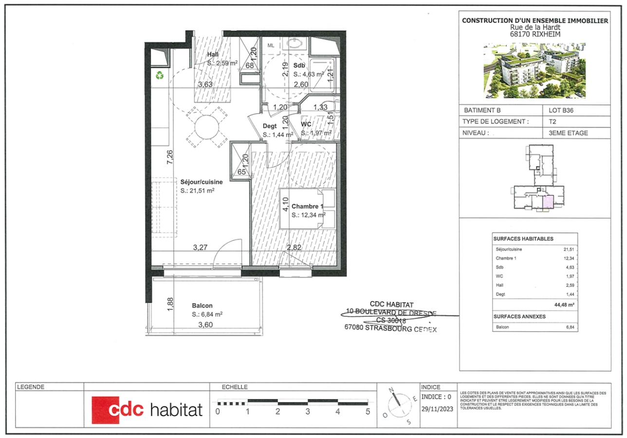 
																			2 pièces - 
																		3ème étage - 45m² - 710,16 € - Photo #1