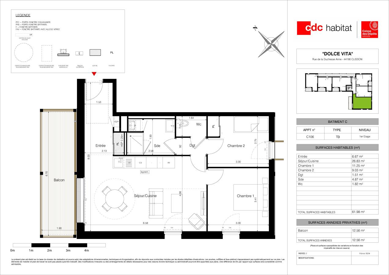 
																																							3 pièces - 
																																						1er étage - 63m² - 714,30 € - Photo #2