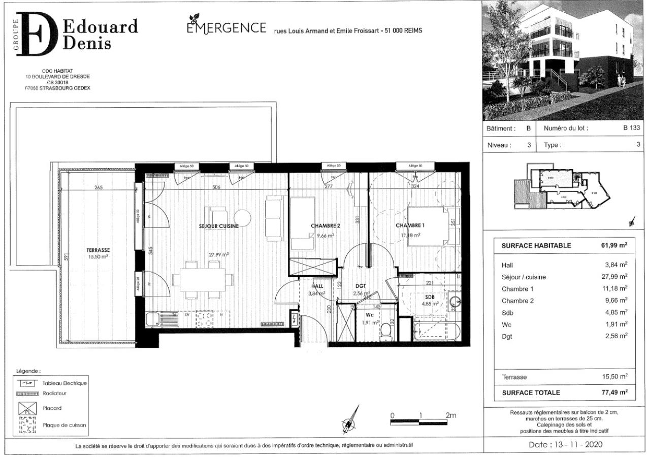 3 pièces - 3ème étage - 62m² - 963,53 € - Photo #1
