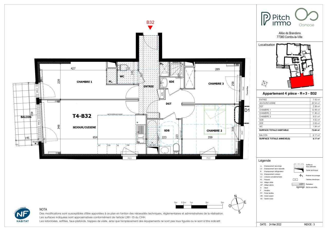 
																			4 pièces – 
																		3ème étage – 74m² - 1 327,08 € - Photo #0