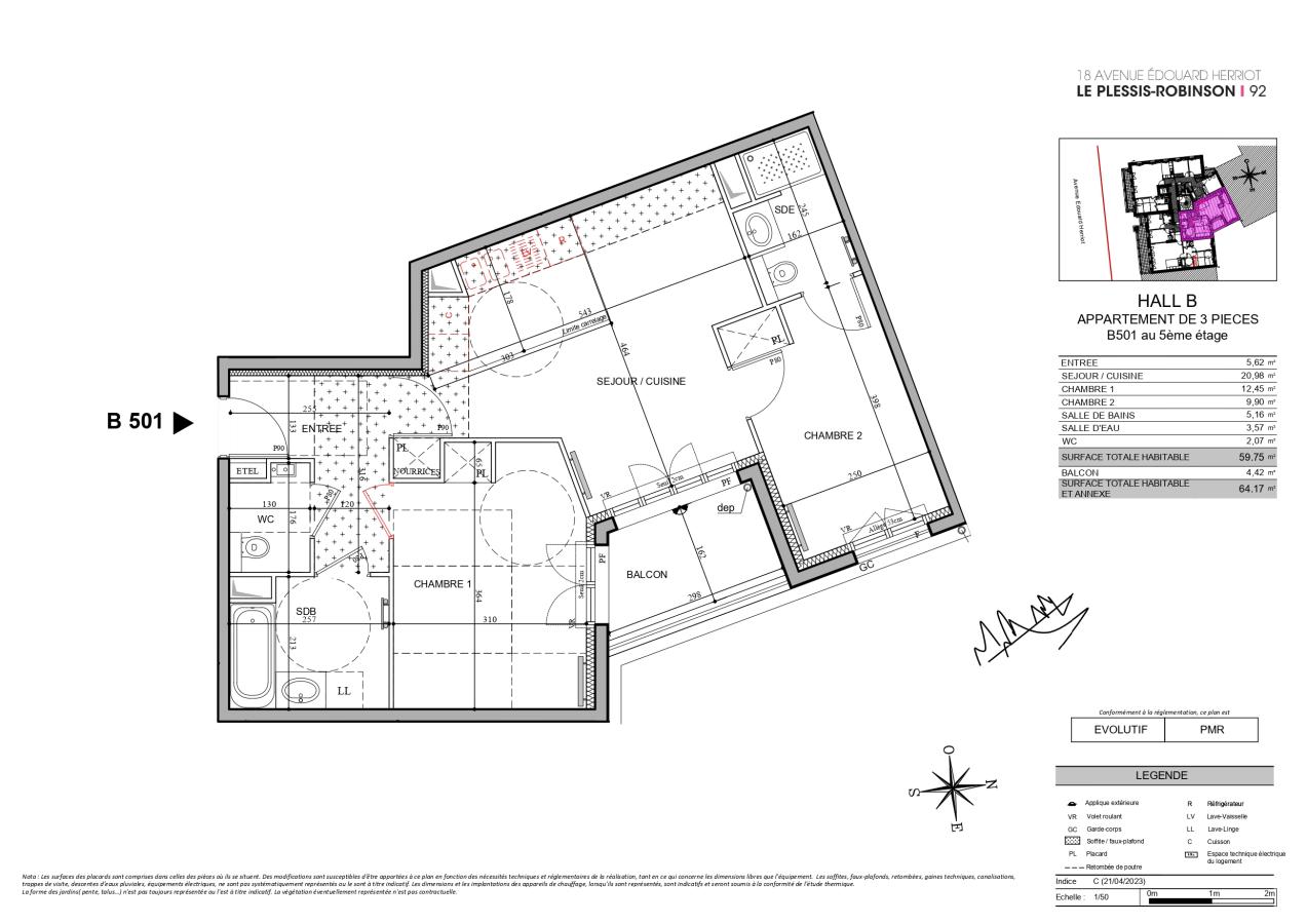 
																																							3 pièces - 
																																						5ème étage - 60m² - 1 280,90 € - Photo #1