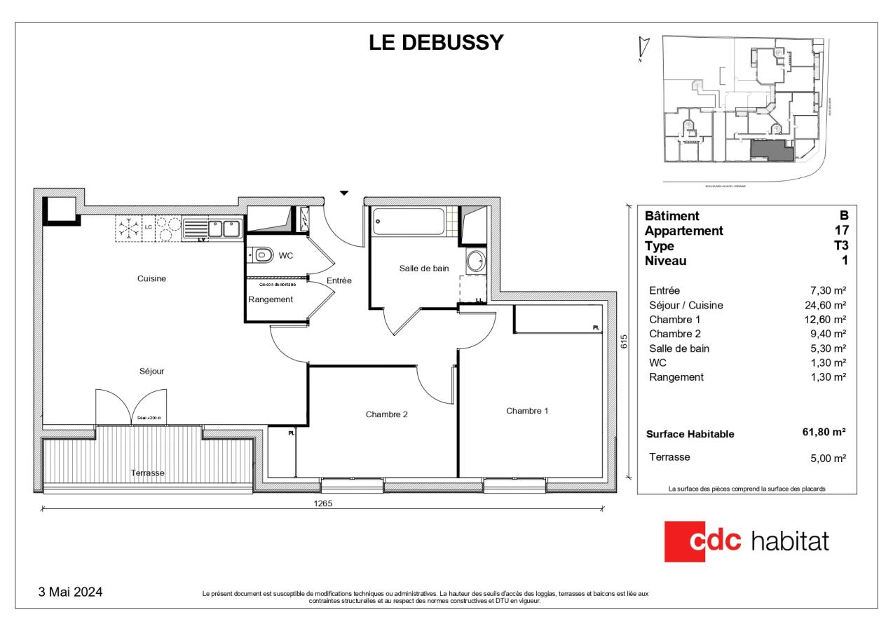 
																			3 pièces – 
																		1er étage – 62m² - 1 338,22 € - Photo #1