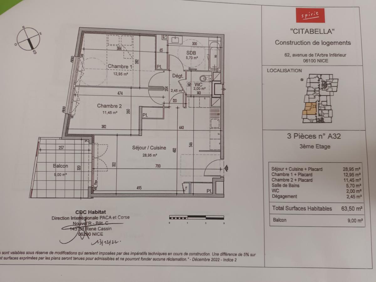 3 pièces - 3ème étage - 64m² - 1 095,50 € - Photo #1