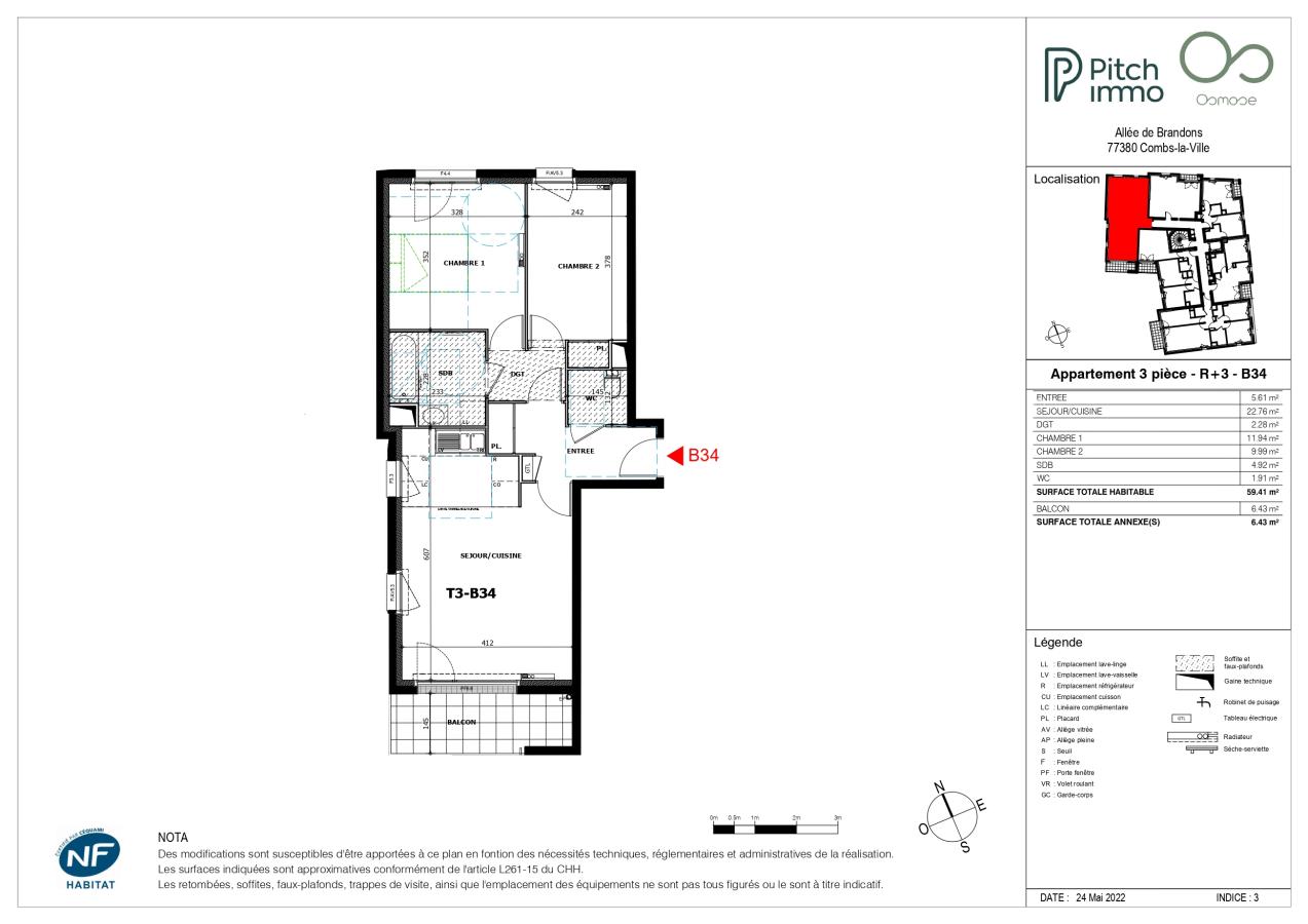 3 pièces - 3ème étage - 59m²
